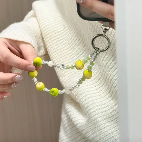 Fresh Green Apple Handmade Beaded Phone Charm Forest Style Light Green Imitation Jade Beads Cute Fruit Keychain Bag Pendant