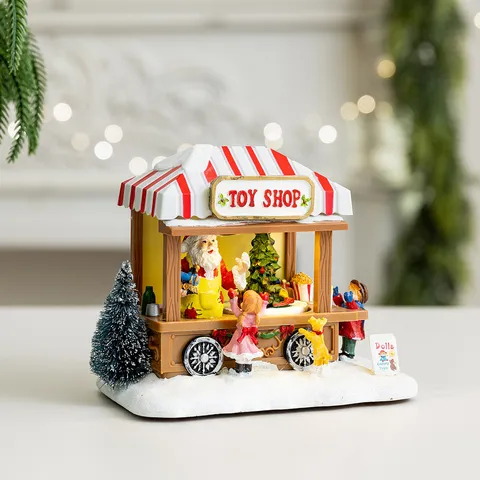 Christmas Luminous Resin House Music Box LED Lighted Micro Landscape Toy Shop Greenhouse Miniature Desktop Ornament Gifts