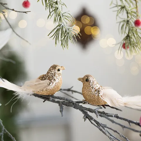Artificial Christmas Birds Glitter Feather Clip-on Bird Ornaments For Christmas Tree Decor Wedding Party Home Gold Silver