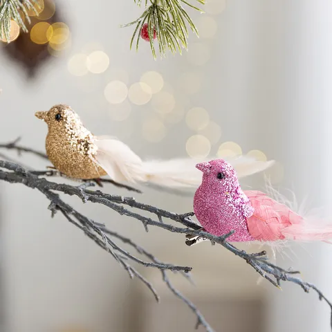 Artificial Christmas Birds Glitter Feather Clip-on Bird Ornaments For Christmas Tree Decor Wedding Party Home Gold Silver