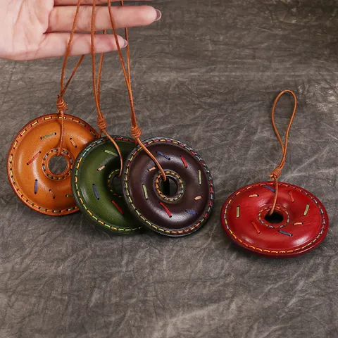 Handmade Donut Bag Charm Genuine Cowhide Leather Cute Keychain Purse Accessory Decorative Pendant For Backpack Car Decoration Gift