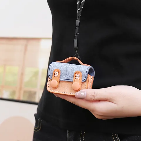 Pendentif de Sac Mini Étui pour Écouteurs en Cuir Véritable Fait Main Porte-Monnaie en Cuir de Vachette Contrasté Porte-Clés Femme