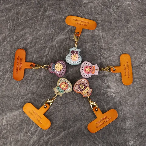 Handmade Genuine Cowhide Leather Lucky Bag Phone Charm Keychain Pendant Floral Pattern Bag Accessories For Women Daily Decoration
