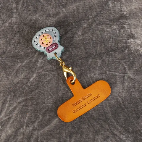 Handmade Genuine Cowhide Leather Lucky Bag Phone Charm Keychain Pendant Floral Pattern Bag Accessories For Women Daily Decoration