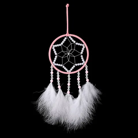 Acchiappasogni con Piume Rosa e Bianco Fatto a Mano Stella Geometrica Ornamento Appendibile per Specchietto Auto Parete Casa