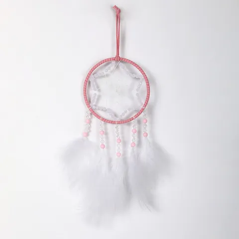Acchiappasogni con Piume Rosa e Bianco Fatto a Mano Stella Geometrica Ornamento Appendibile per Specchietto Auto Parete Casa