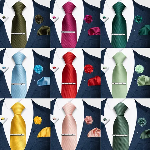 Men's Polyester Necktie Set Business Wedding Groom Necktie With Pocket Square Tie Clip Cufflinks And Brooch Accessory Gift