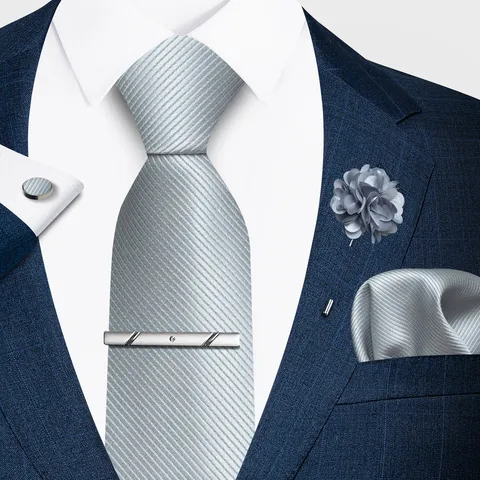 Men's Polyester Necktie Set Business Wedding Groom Necktie With Pocket Square Tie Clip Cufflinks And Brooch Accessory Gift
