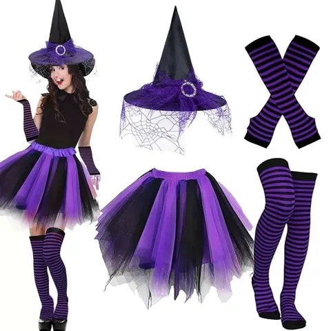 Costume da Strega di Halloween Gonna Tutu in Rete Calze a Righe Sopra il Ginocchio Maniche Lunghe Cappello da Strega Abbigliamento per Feste Cosplay Donna