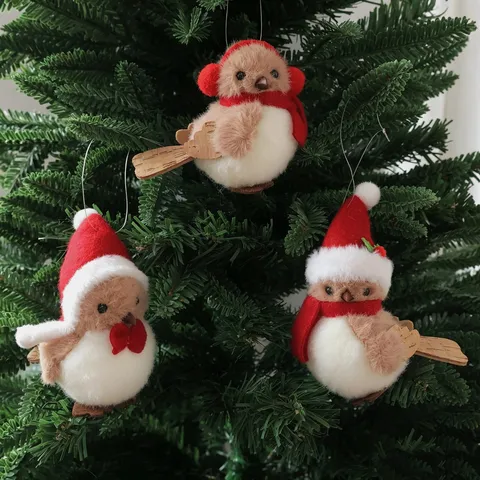 Juego de Adornos de Pájaros de Peluche de Navidad Pájaro Colgante Con Gorro de Navidad Bufanda Alas de Madera Figurita para Árbol de Navidad Hogar Mesa