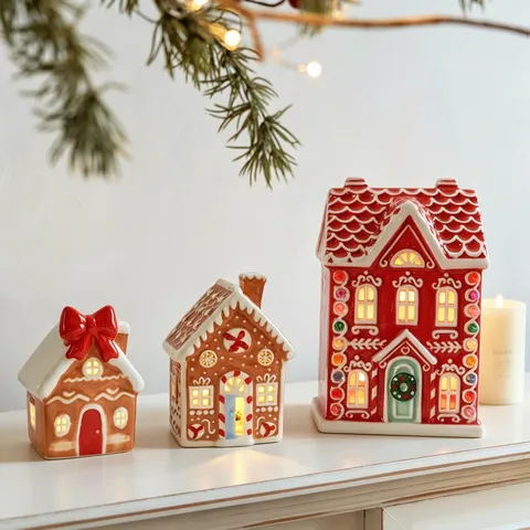 Handmade Christmas Ceramic Gingerbread House Ornament With LED Light Festive Miniature House Tabletop Decoration Props Xmas Gift
