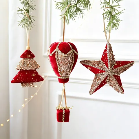 Red Flocked Christmas Tree Hanging Ornaments Gold Sequins Hot Air Balloon Star Acorn Bell Pendant Festive Holiday Home Decor