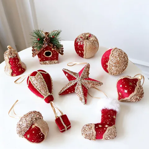 Red Flocked Christmas Tree Hanging Ornaments Gold Sequins Hot Air Balloon Star Acorn Bell Pendant Festive Holiday Home Decor