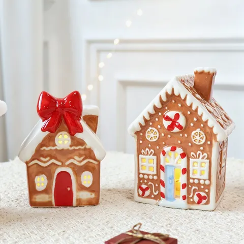 Handmade Christmas Ceramic Gingerbread House Ornament With LED Light Festive Miniature House Tabletop Decoration Props Xmas Gift