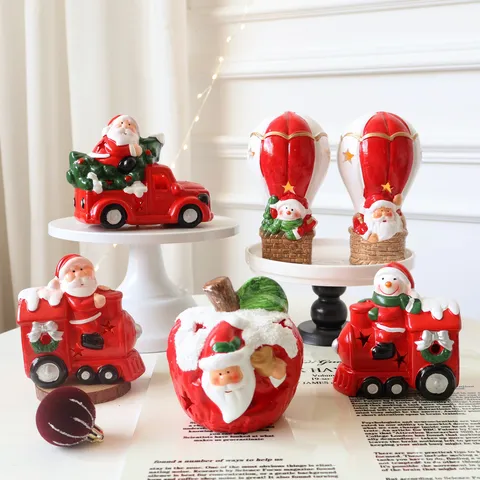 Christmas Ceramic Santa Claus Snowman Ornaments LED Light Decoration Red Apple Car Train Hot Air Balloon Festive Table Decor