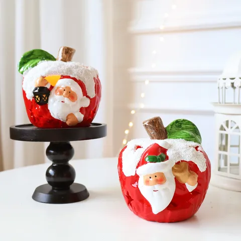 Christmas Ceramic Santa Claus Snowman Ornaments LED Light Decoration Red Apple Car Train Hot Air Balloon Festive Table Decor