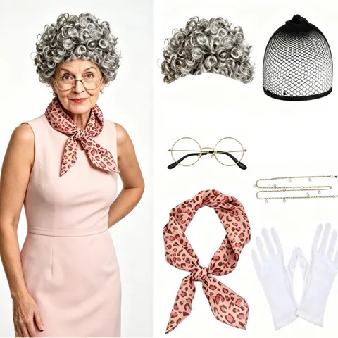 Kit Accessoires Déguisement Vieille Dame Grand-mère Rétro Perruque Grise Canne Pliante Lunettes Collier Perles Artificielles Pour Fête Halloween