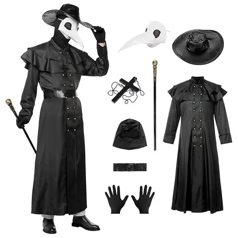 Plague Doctor Mask Costume Halloween Cosplay Set PU Leather Raven Bird Beak Mask Black Hood Cape Gloves Cross Necklace Scepter Props For Adults Party