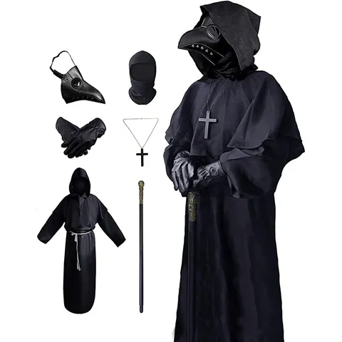 Plague Doctor Mask Costume Halloween Cosplay Set PU Leather Raven Bird Beak Mask Black Hood Cape Gloves Cross Necklace Scepter Props For Adults Party
