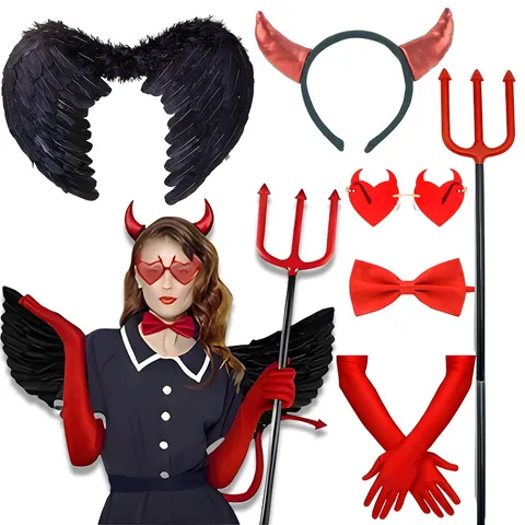Halloween Devil Costume Set Party Performance Cosplay Props Horn Headband Wing Tail Trident Accessories For Women Men Unisex