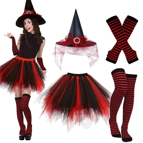 Costume da Strega di Halloween Gonna Tutu in Rete Calze a Righe Sopra il Ginocchio Maniche Lunghe Cappello da Strega Abbigliamento per Feste Cosplay Donna