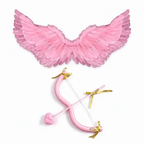 Pink Feather Angel Wings Cupid Heart Bow And Arrow Set For Kids Adults Valentine's Day Cosplay Costume Photography Props Party Decorations