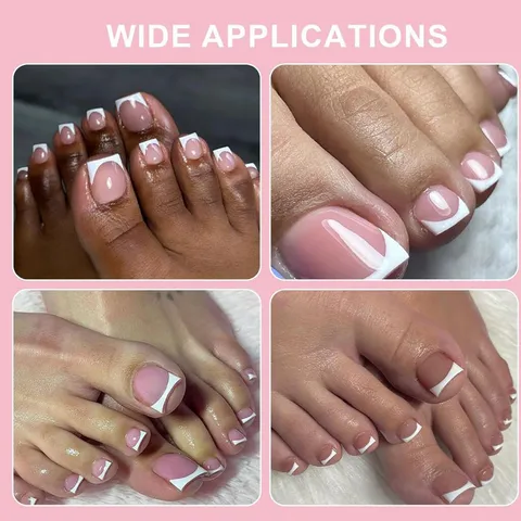 Uñas Postizas para Pies Estilo Francés Rosa Nude Cortas Cuadradas Cobertura Completa Uñas Postizas para Pies Mujer Manicura