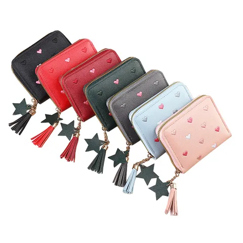 Women's Cute Heart Embroidery Short Zipper Wallet Faux Leather Coin Purse With Tassel Star Charm Portable Card Holder Fashion Wallet