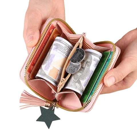 Women's Cute Heart Embroidery Short Zipper Wallet Faux Leather Coin Purse With Tassel Star Charm Portable Card Holder Fashion Wallet