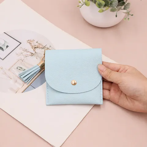 Korean Style Mini PU Leather Coin Purse with Tassel for Women Minimalist Small Card Holder Snap Closure Key Ring Pouch Bag