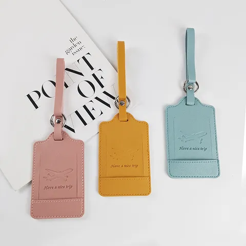 PU Leather Luggage Tag Travel Suitcase ID Label With Metal Ring Extended Strap Airplane Pattern Business Bag Tag For Travel Bags