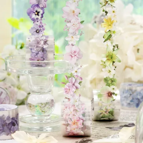 Soft Vintage PET Floral Die Cut Tape Aesthetic Flower Scrapbooking DIY Material Transparent Decoration Craft Adhesive Tape For Journals