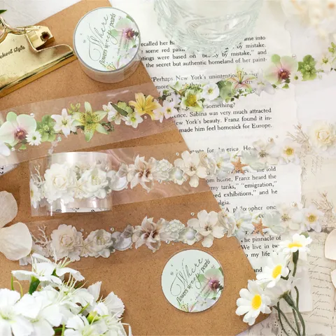 Soft Vintage PET Floral Die Cut Tape Aesthetic Flower Scrapbooking DIY Material Transparent Decoration Craft Adhesive Tape For Journals