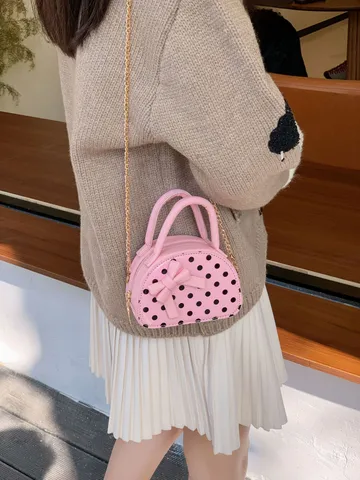 Girls Mini Polka Dot Bow Handbag PU Leather Shell Shaped Crossbody Bag For Toddler Princess Accessory Coin Purse