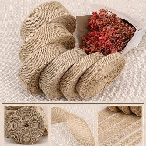 Natural Jute Burlap Ribbon Roll With Fish Silk Line Natural Brown Woven Webbing For DIY Craft Bow Christmas Gift Wrapping Wedding Decoration