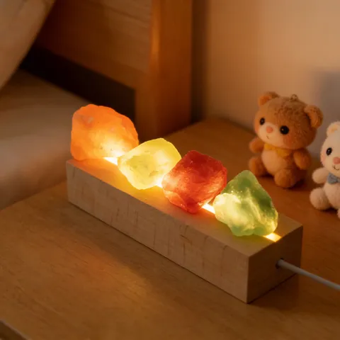 Luz de Noche de Piedra en Bruto de Cristal Natural Con Base de Madera Lámpara de Ambiente USB para Dormitorio Decoración de Hogar Regalo