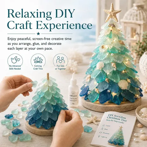 DIY Sea Glass 3D Christmas Tree Kit With Shell Pearl LED Night Light Coastal Handmade Resin Desktop Ornament Holiday Gift