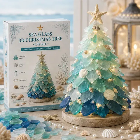 DIY Sea Glass 3D Christmas Tree Kit With Shell Pearl LED Night Light Coastal Handmade Resin Desktop Ornament Holiday Gift