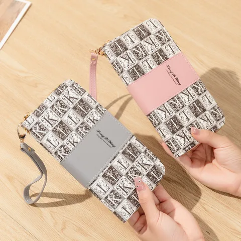 Women Long Wallet PU Leather Zipper Phone Bag Splicing Letter Monogram Card Holder Handheld Purse With Tassel Wristlet Strap