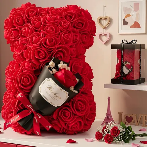 PE Foam Rose Bear Artificial Flower Bear with Gift Box for Valentine's Day Anniversary Wedding Birthday Romantic Gift for Women Home Decor