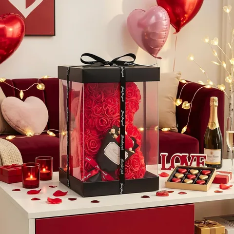 PE Foam Rose Bear Artificial Flower Bear with Gift Box for Valentine's Day Anniversary Wedding Birthday Romantic Gift for Women Home Decor