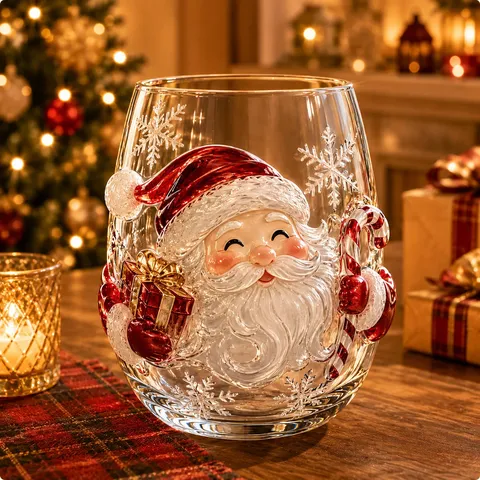 Festive Christmas Glass Cup Santa Claus Snowman Reindeer Pattern Holiday Glassware For Banquet Party Gift Cartoon Glass Cup