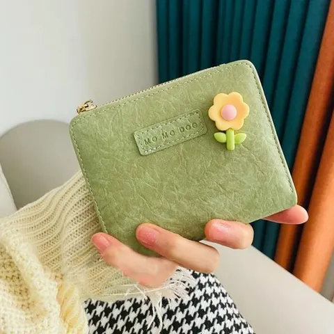 Women Short Wallet Artificial Leather Cute Japanese Style Card Holder With 3D Flower Decoration Zipper Coin Purse For Girls Daily Use