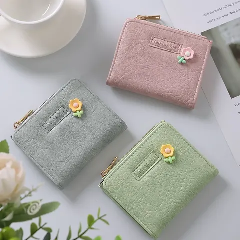 Women Short Wallet Artificial Leather Cute Japanese Style Card Holder With 3D Flower Decoration Zipper Coin Purse For Girls Daily Use