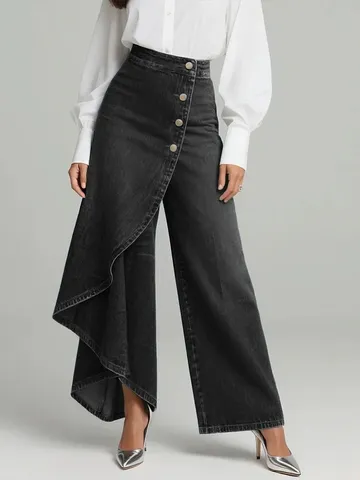 Women's Casual High Waisted Washed Denim Skorts Asymmetrical Ruffle Wide Leg Culottes With Decorative Buttons Vintage Denim Jeans