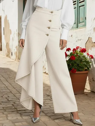 Women's Casual High Waisted Washed Denim Skorts Asymmetrical Ruffle Wide Leg Culottes With Decorative Buttons Vintage Denim Jeans