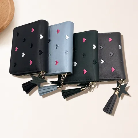 Women Short Wallet Heart Embroidery Zipper Purse Cute PU Leather Tassel Star Pendant Multi Card Cardholder Coins Pocket