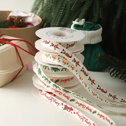 Christmas Grosgrain Ribbon Festive Gift Box Packaging Tape Polyester Webbing For Xmas Tree Elk Deer Patterns DIY Bow Decoration