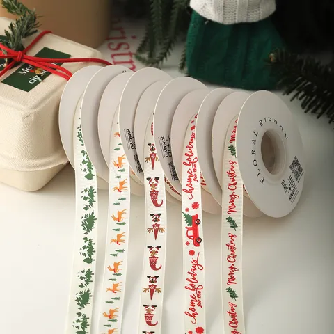 Christmas Grosgrain Ribbon Festive Gift Box Packaging Tape Polyester Webbing For Xmas Tree Elk Deer Patterns DIY Bow Decoration