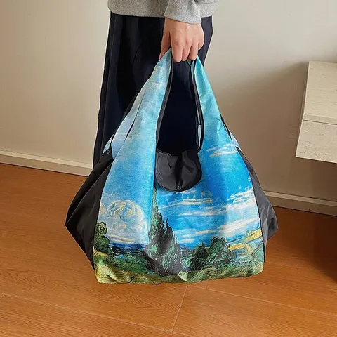 Large Capacity Foldable Shopping Bag Oil Painting Landscape Print Retro Tote Bag For Women Eco-Friendly Grocery Travel Bag